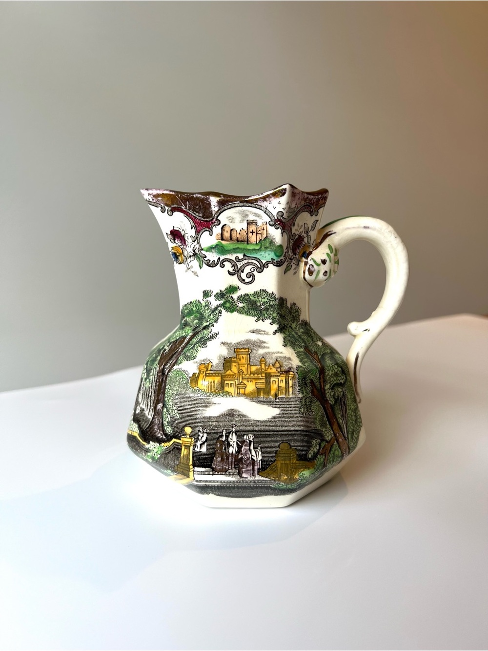 Vintage Masons England Leeds Small Pitcher 5.5" Scenic Transferware Hydra Handle